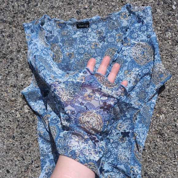 Blue Vanity Sheer Mesh Tank Top Ruffled lettuce trim, wrap style top - Picture 4 of 8